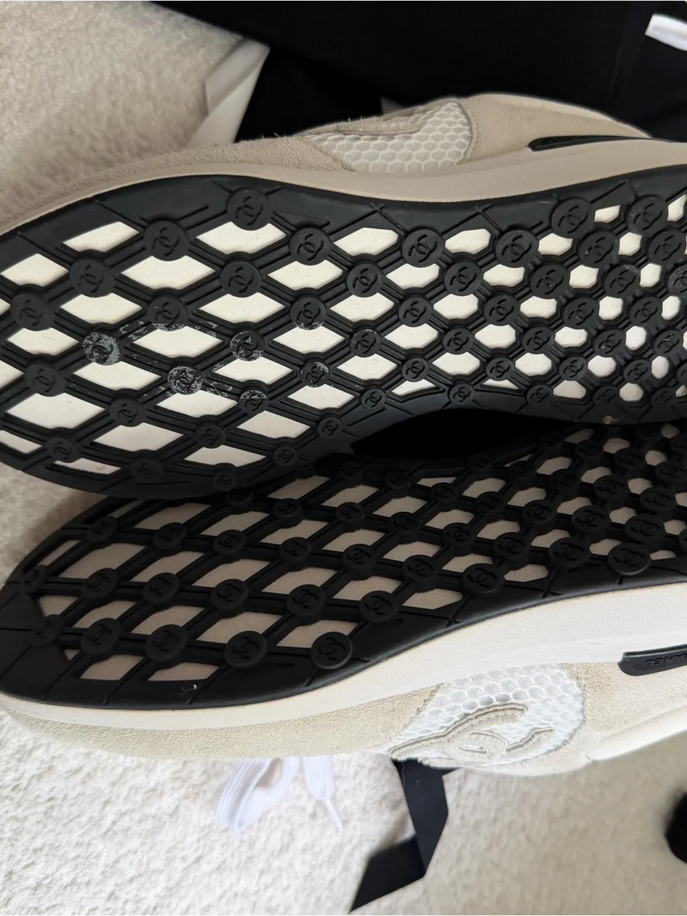 CHANEL Cream and White Interlaced CC Logo Sneakers